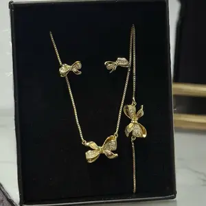 Bow Set with Zircon 14k Gold Plated Necklace & Earrings Elegant Jewelry Gift for Her