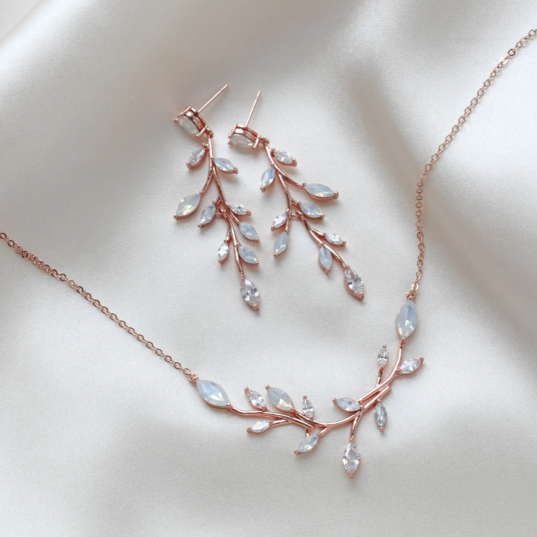 Rose gold necklace and earrings for bride with white opal crystals - APRILLE