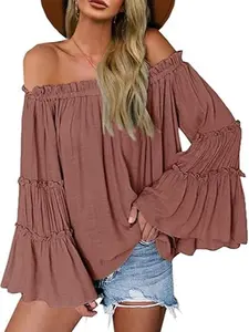 Tankaneo Womens Off The Shoulder Long Bell Sleeve Tops Flared Casual Loose Blouse