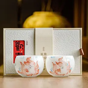 A110. Premium ice-texture jade ceramic tea cup, hand-drawn fairy fox pattern, single tasting cup with gift box