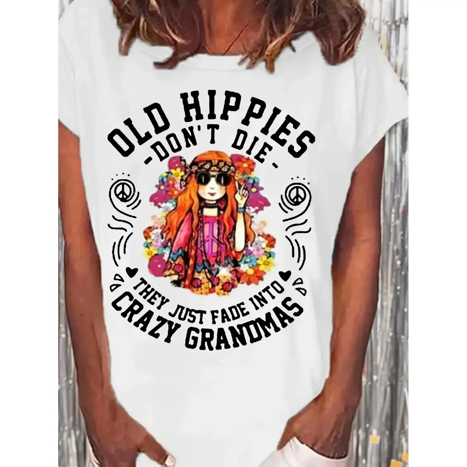 Women’s Casual TShirt Old Hippies Are Not Dead White Tee with Floral and Peace Sign Machine Washable Hippie Cotton Top
