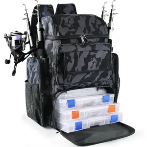 SUNDAY MIRTH Fishing Tackle Backpack With Rod Holders, 45L Large Tackle Bag & Fishing Tackle Backpack for Fishing, Camping, Hiking,Camouflage