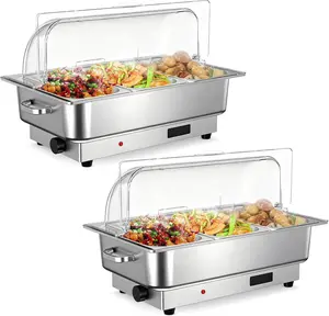 2 Packs Electric Chafing Dish Buffet Set, 3 × 3 QT Roll Top Food Warmer with Transparent PC Lid, 400W Temperature Control 86-200°F, Stainless Steel Chafer for Catering Parties