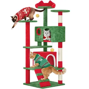 Yaheetech 23.5/54/63in Christmas Cat Tree, Multi-Level Cat Tower with Spacious Kitten-Ear Perch, 2 Cozy Caves, Scratching Posts, Climbing Ladder, 2 Plush Balls for Indoor Kittens, Red/Green