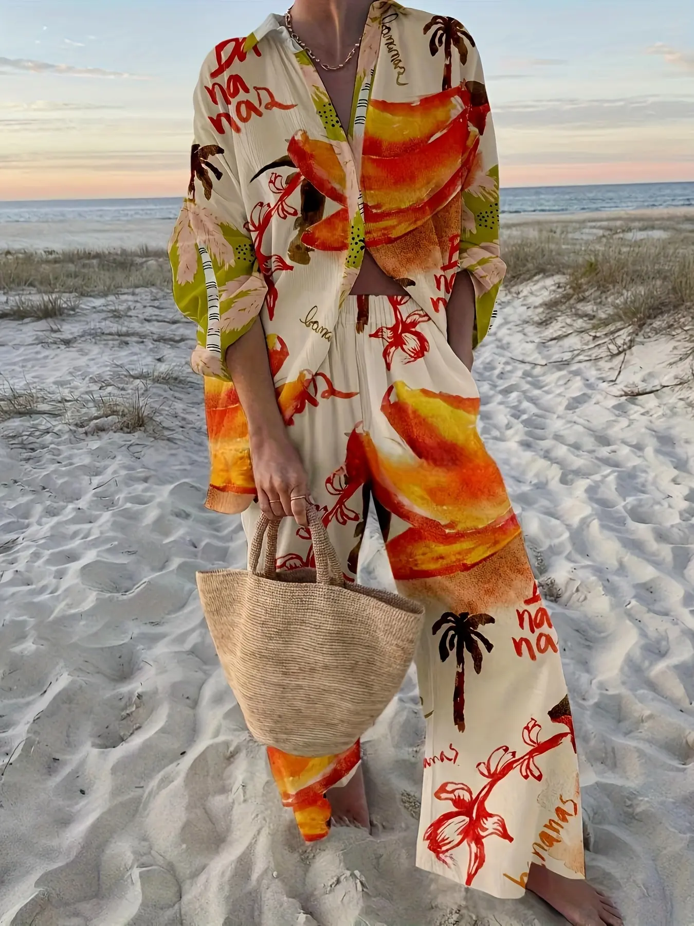Women'S Vibrant Tropical Print Long Sleeve Shirt & Pants Set Matching Clothing Set - Bohemian Boho Beach Vacation Style, No Belt, Spring/Summer Wear, Beach Accessories, Casual Set | Vibrant Print Top | Long Sleeve Shirt