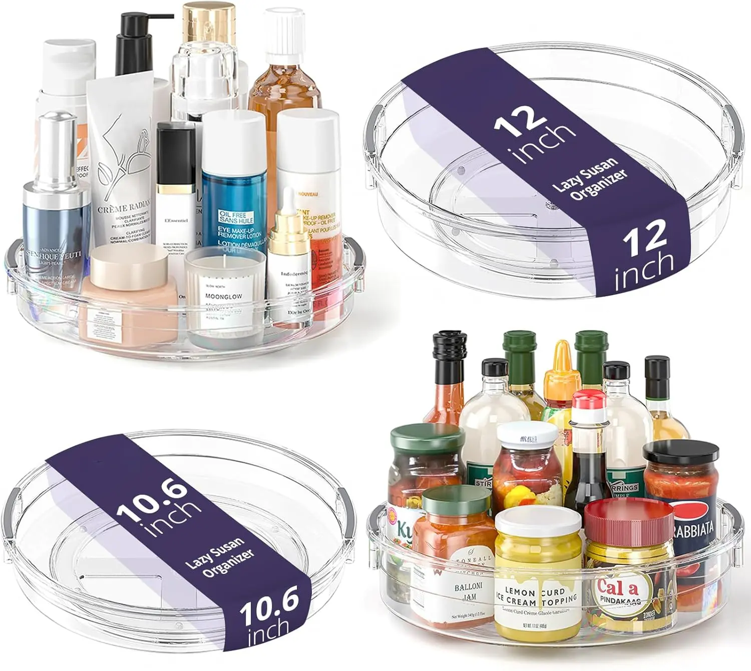 4 Pack Lazy Susan Organizer, Clear Lazy Susan Turntable for Cabinet, Refrigerator, Table Top, Kitchen, Bathroom, Pantry Organizers and Storage, 2 Sizes Included 12in, 10.6in