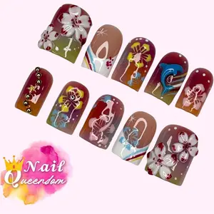 Nail Queendom [HAWAIIAN DOLPHINS] Handcrafted 3D Press-On Nails Reusable Long Lasting Salon Quality Easy Application 10 Pieces Set Eco-Friendly 3D-gel Finish