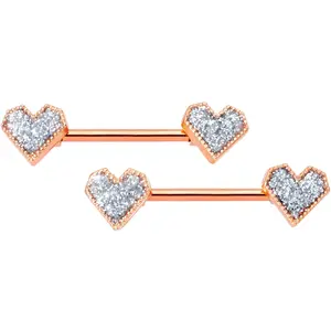 14G 9/16 Rose Gold Tone Valentine Heart Barbell Nipple Ring Set