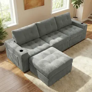 L-Shaped 3-Piece Modular Corduroy Sectional Couch Set, 4-Seat Fixed-Arm Sofa with Ottoman, Modern Design for Living Room Comfortable Seating tiktokshopspringglowup