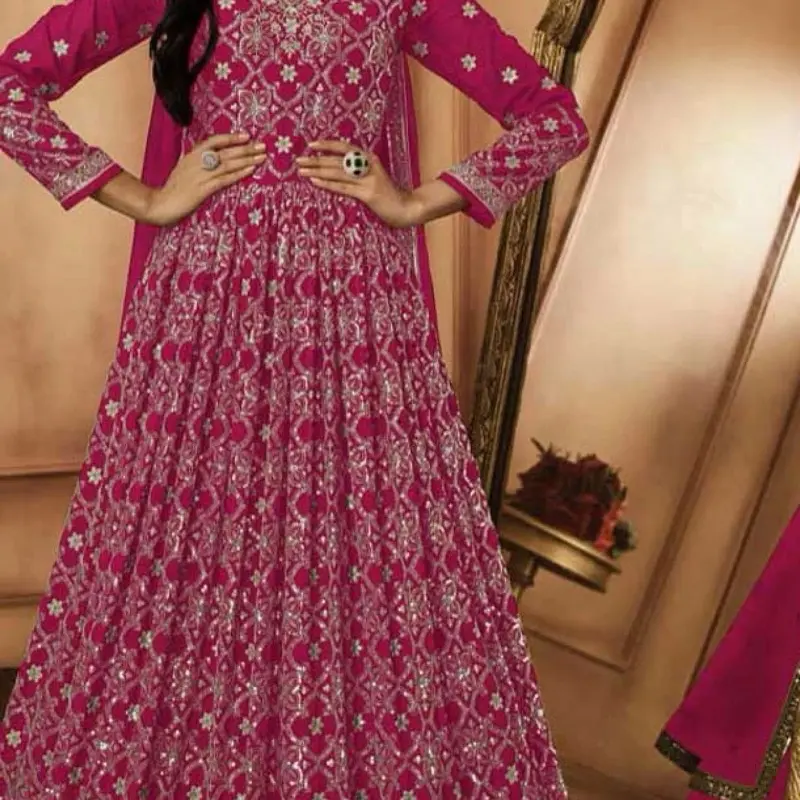 Rani Pink Size 42 Georgette Resham Work Party Wear Gown With Dupatta - Sequins Thread-work Embroidery for Special Occasions