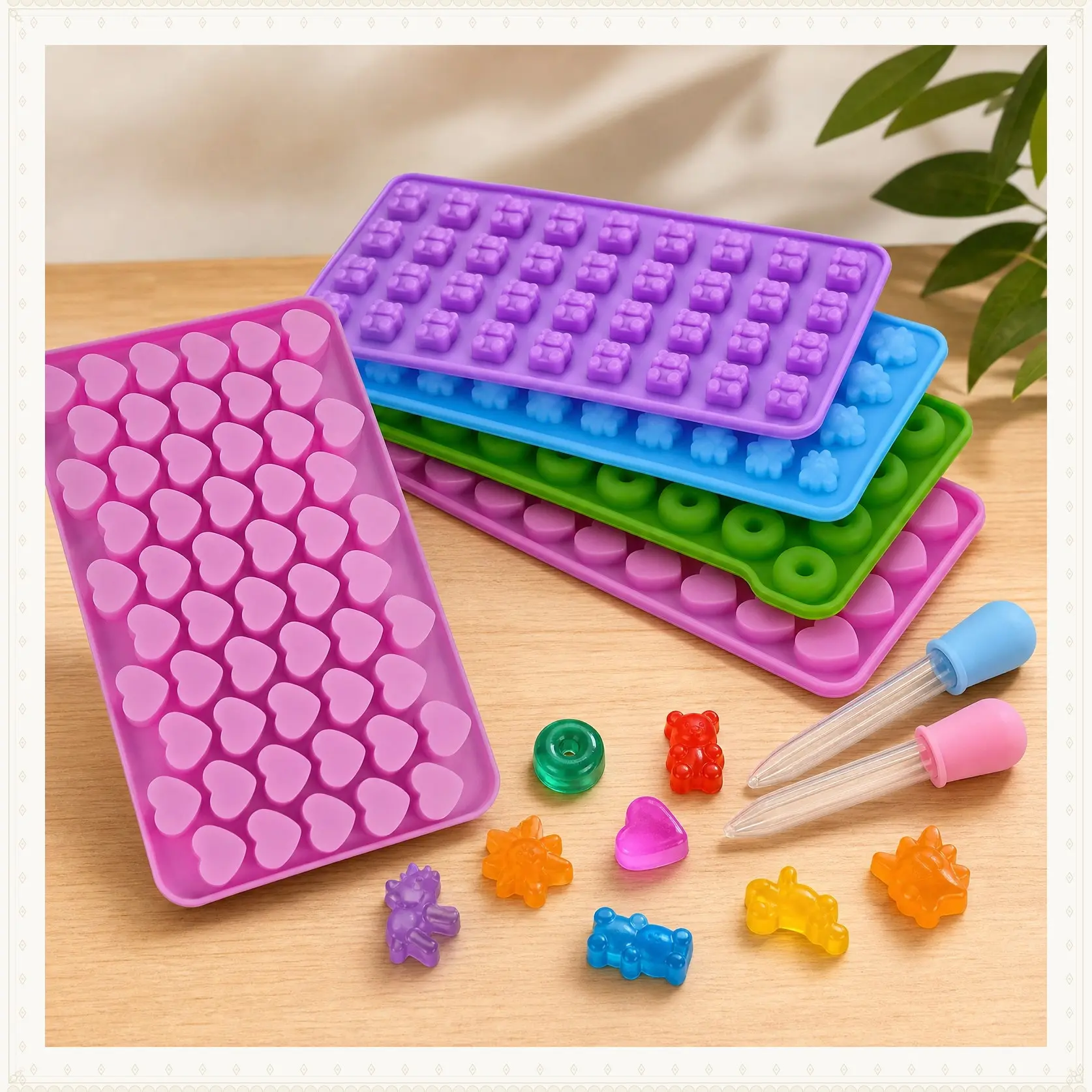 4 Pack Silicone Gummy Candy Molds with 2 Droppers,Non-Stick Silicone Baking Molds Dinosaur Bear Hearts and Donut Gummie Chocolate Mold,DIY Hand Tools Kits,Springtok