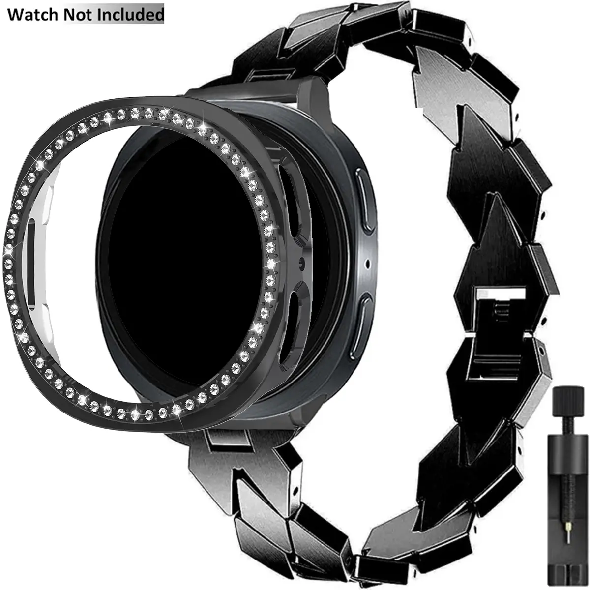 Slim Rhombus-Link Stainless Steel Watch Band for Samsung Galaxy Watch 8 40mm 44mm with 1 Bling Case, Elegant Thin Metal Bracelet for Women, Smart Watch Straps, Smart Watch Accessories, Smartwatch Accessories