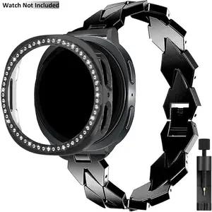 Slim Rhombus-Link Stainless Steel Watch Band for Samsung Galaxy Watch 8 40mm 44mm with 1 Bling Case, Elegant Thin Metal Bracelet for Women, Smart Watch Straps