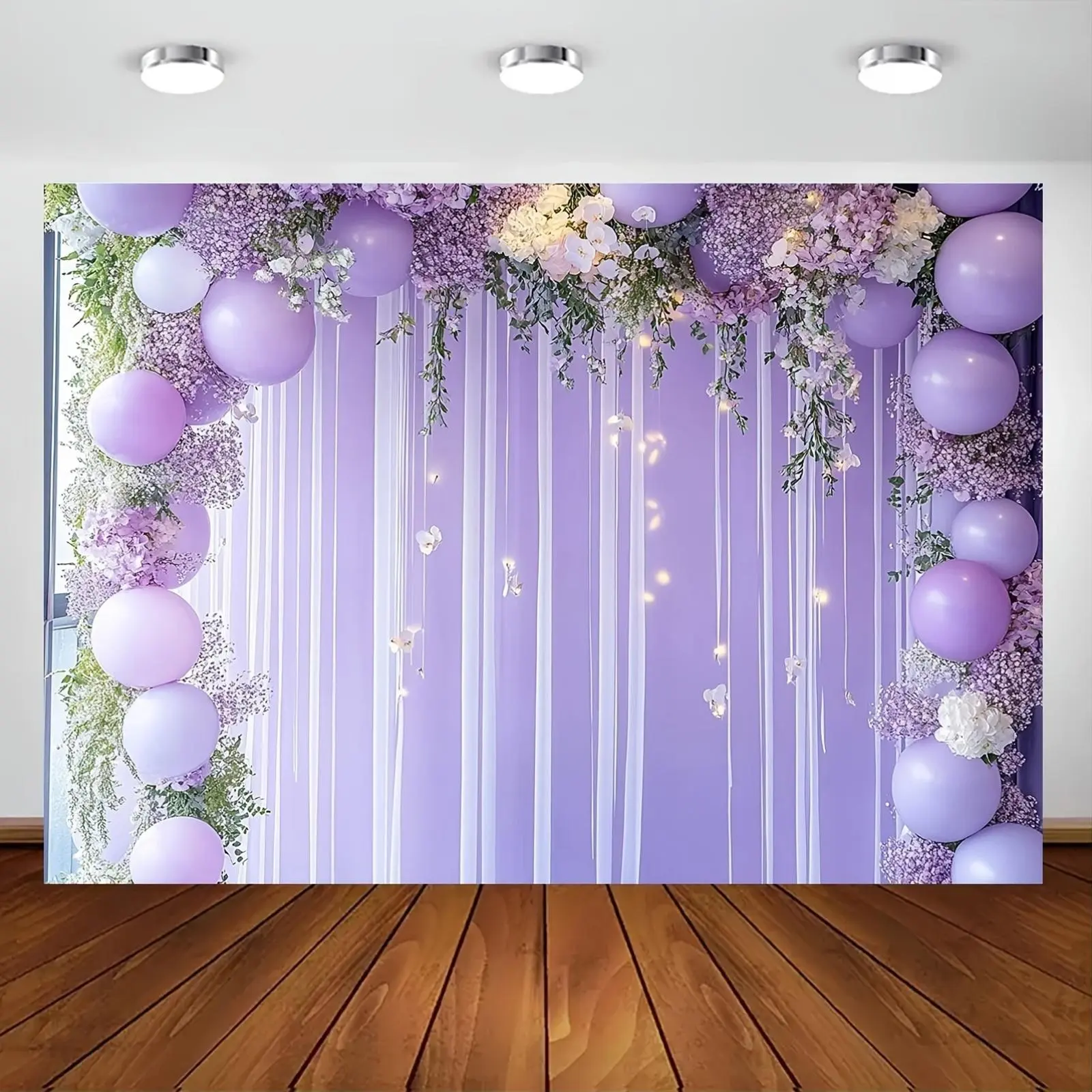 Balloon & Flower Pattern  Backdrop, 1 Count Romantic Elegant Balloon & Flower Decor  Backdrop, Party Decoration Supplies for Wedding Birthday, Banners