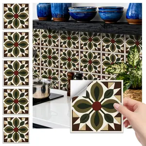 24PCS FHZ Brown-Green Retro Floral Geometric Tile Stickers | PET Matte Peel & Stick Backsplash | Waterproof Oil-Proof Decor for Home & Office