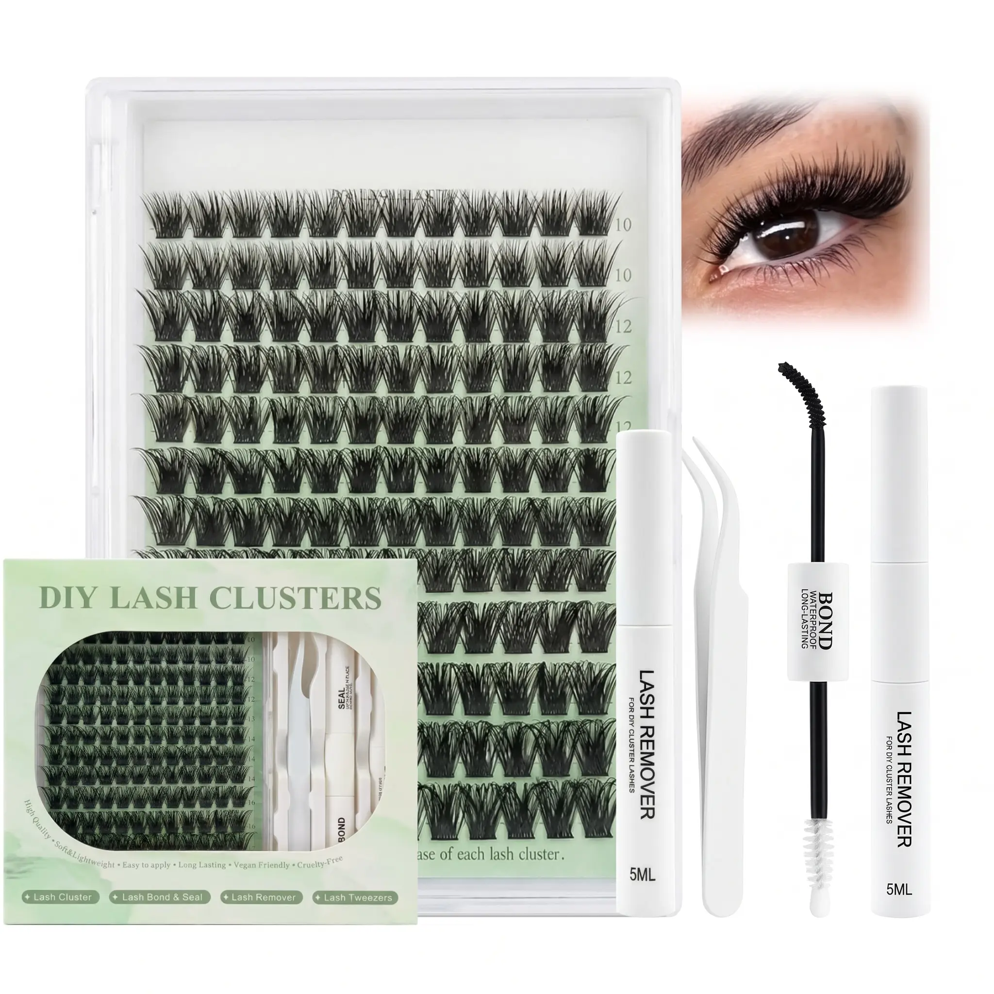 Thick Lash Clusters Kit with Lash Remover Volume Lashes Cluster Eyelash Extensions Kit Lash Bond and Seal 10-18mm Lash Extension Kit with Waterproof Lash Bond and Seal, Tweezers