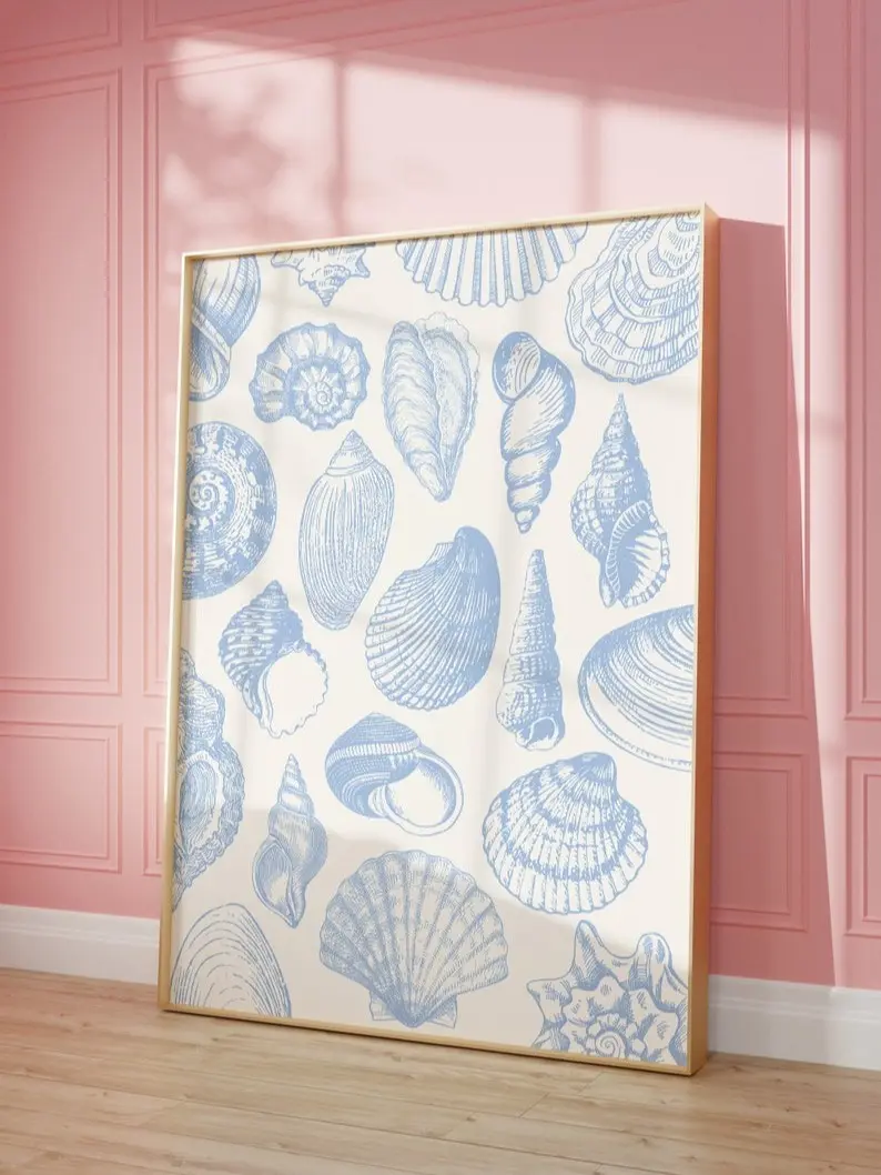 Sea Shells Pastel Blue Print Vintage Line Art Coastal Granddaughter Aesthetic Coastal Cowgirl Print Poster Dorm Room Trendy Wall Art Decor Artistic