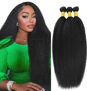Kinkystraight Human Hair Bundles Kinky Straight Bundles Yaki 12A 100% Unprocessed Brazilian Virgin Human Hair Bundles for Black Women Raw Hair Extension 3 Bundles Natural Black