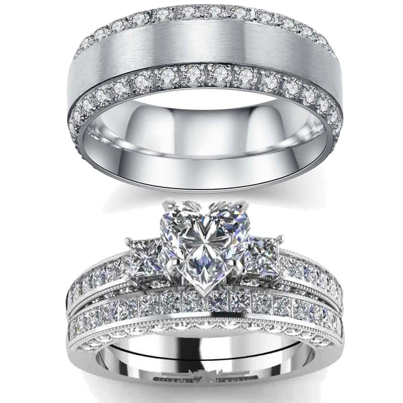 Ringcrown Couple Rings Matching Ring Heart Cut 1.5ct CZ White Golden Plated Women Wedding Ring Sets For Him And Her Ring Sets Men Titanium Steel Wedding Band