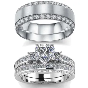 Ringcrown Couple Rings Matching Ring Heart Cut 1.5ct CZ White Golden Plated Women Wedding Ring Sets For Him And Her Ring Sets Men Titanium Steel Wedding Band