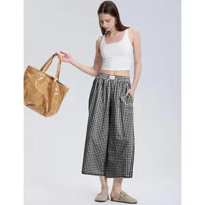 Womens Wide Leg Capri Pants Cotton Gingham Plaid Culottes Summer Elastic Waist Palazzo Trousers Bottoms with Pockets