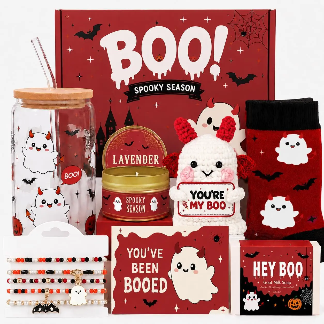 Fall 2026 Halloween Gift Boo Basket Stuffers for Women, Halloween Gifts Basket for Adults | Cute Halloween Gifts for Teen Girls Her Friend Girlfriend with Spooky Glass Cup