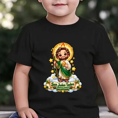 San Judas Tadeo Siempre Conmigo Cute Chibi Cartoon Saint Jude On Cloud Graphic Kawaii Faith Art Print Boys T shirts Casual Spiritual Religious Gift For Believer