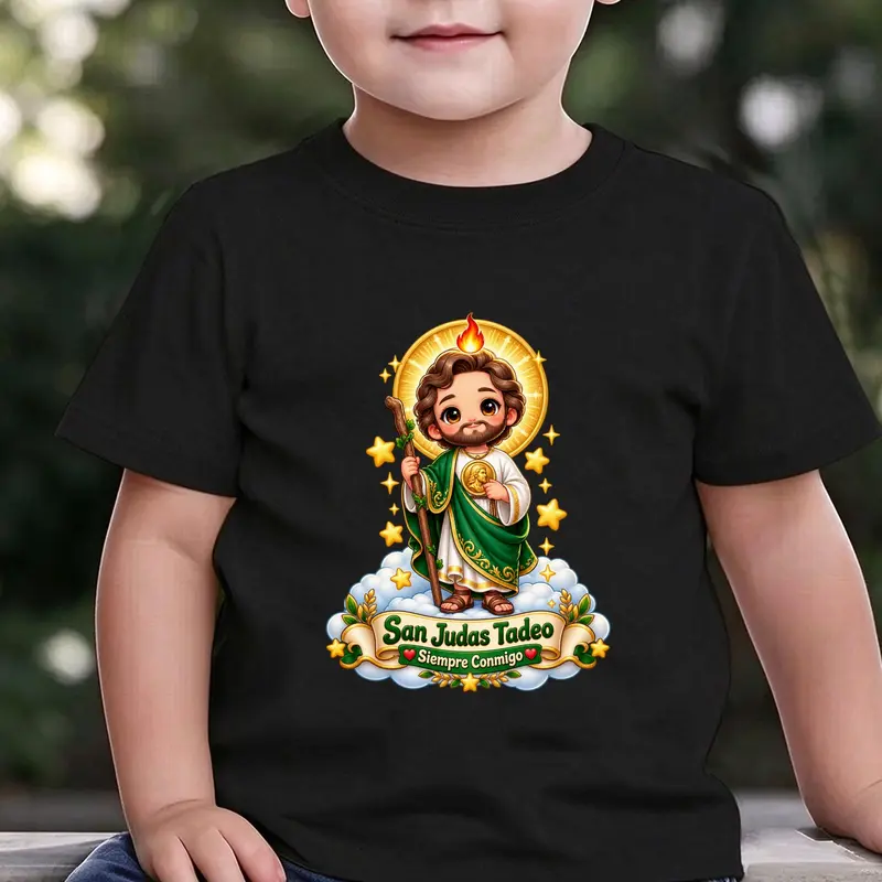 San Judas Tadeo Siempre Conmigo Cute Chibi Cartoon Saint Jude On Cloud Graphic Kawaii Faith Art Print Boys T shirts Casual Spiritual Religious Gift For Believer