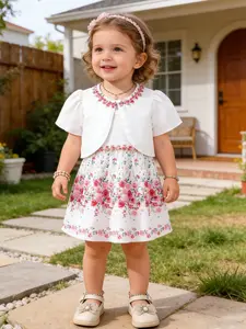 Girls Floral Embroidered Cardigan Set, Baby Summer Short Sleeve Jacket + Vest Rose Print Dress, Birthday Party, Photo Costume
