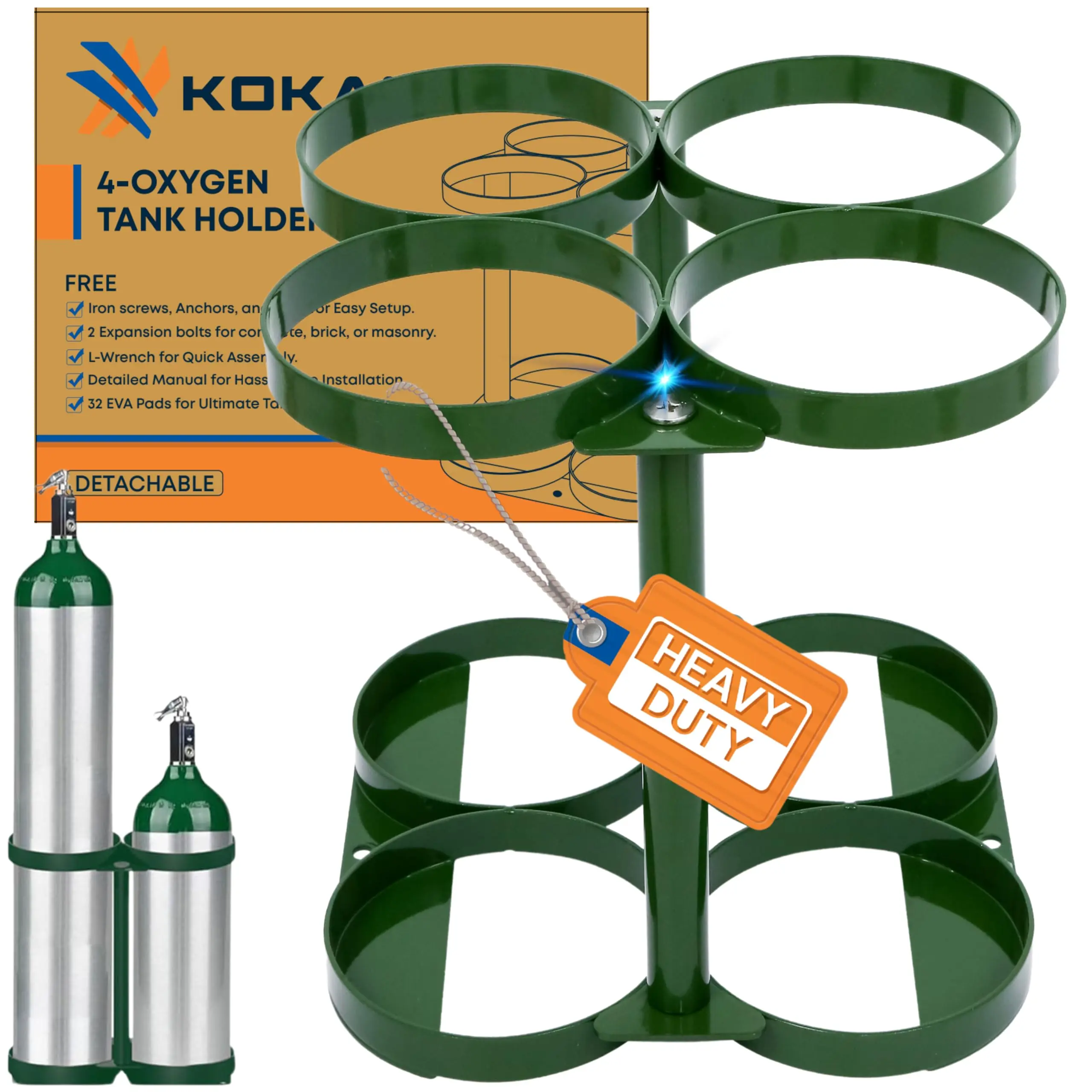 KOKAND Detachable Oxygen Tank Holder (4) for E, D, M9/C Size Cylinders - Heavy Duty Metal Storage Rack - Portable Oxygen Tank Carrier for Travel & Vehicle Use (Green) (4.5" Wide Slots)
