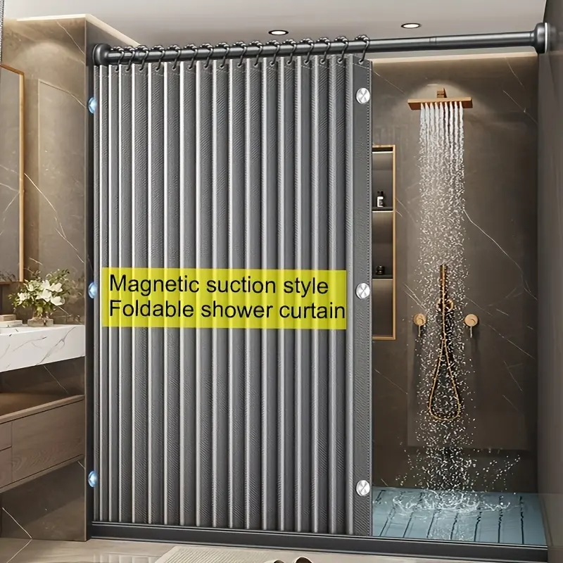 1pc simple and stylish shower curtain, foldable shower curtain, home decoration door curtain with magnetic suction function, used for bathroom decoration in homes or hotels, dry wet separation curtain, free hooks and magnetic buckles Grey