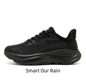 All Black Ultra Thick Cushion Road Running Sneakers, Breathable Wave Mesh Curved Rocker Midsole Shock Absorbing Marathon Athletic Shoes For Men Women