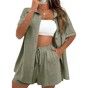 Women Summer Cotton Linen Short Sets 2 Piece Shorts Top Lounge Beach Vacation Two Piece Outfits Tracksuits
