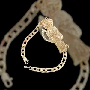 Gold Plated 8-in Holy Death Santa Muerte Charm Bracelet, Detailed Charms, Elegant Design, Religious Spiritual Wear for Anniversary Gifting, Charm Bracelets