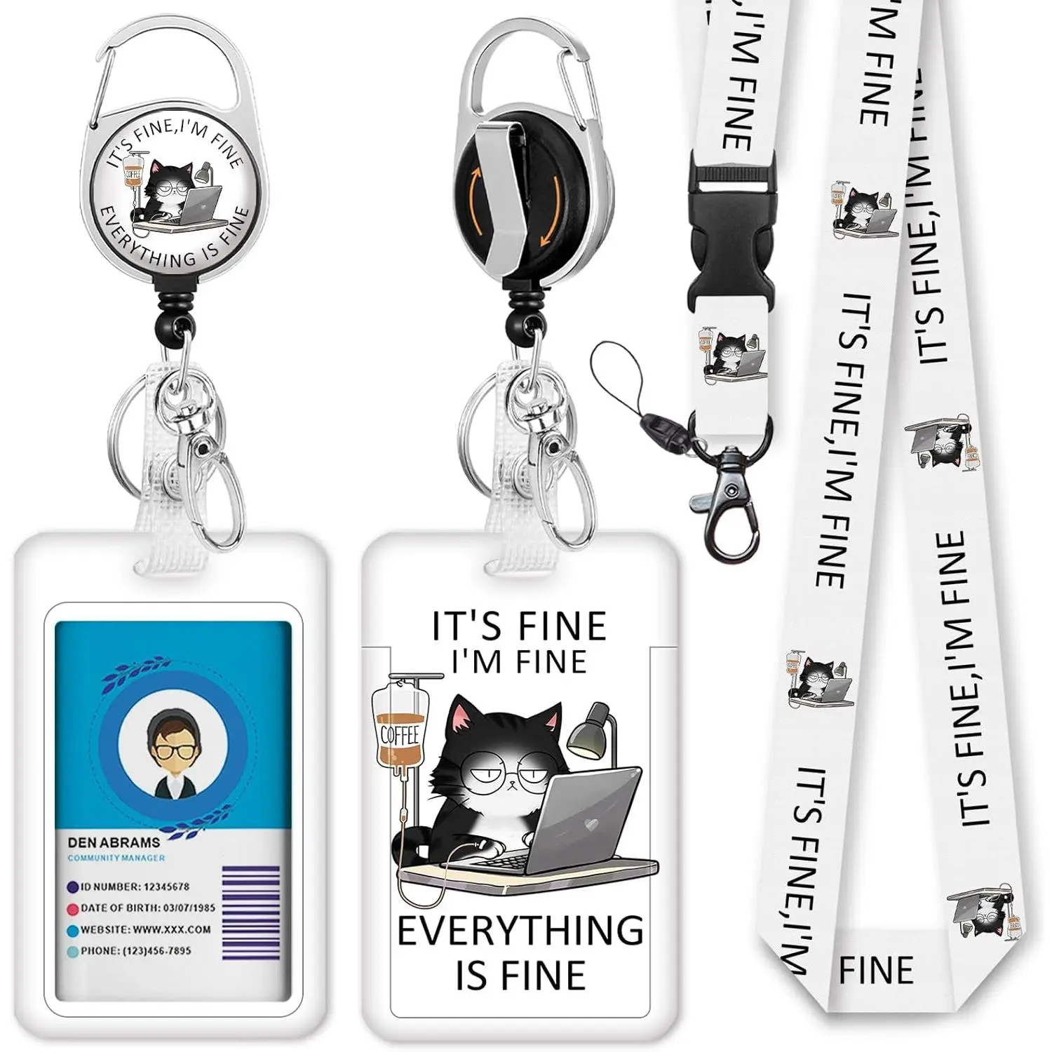 BY-BR52   Id Badge Holder with Breakaway Lanyard, Black Cat Badge Reel Retractable Heavy Duty and Detachable Name Tag Clips, I'm Fine Everything is Fine Lanyards for Id Badges, Nurse Teacher Office Gifts