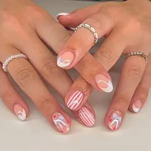 24pcs Spring Stripe Star Bow French Oval Nail Set, French Nail Art, French Tips Nails, Cute & Sweet, Suitable for Women & Girls, Holiday Date Wear, Includes Jelly Glue Mx-160