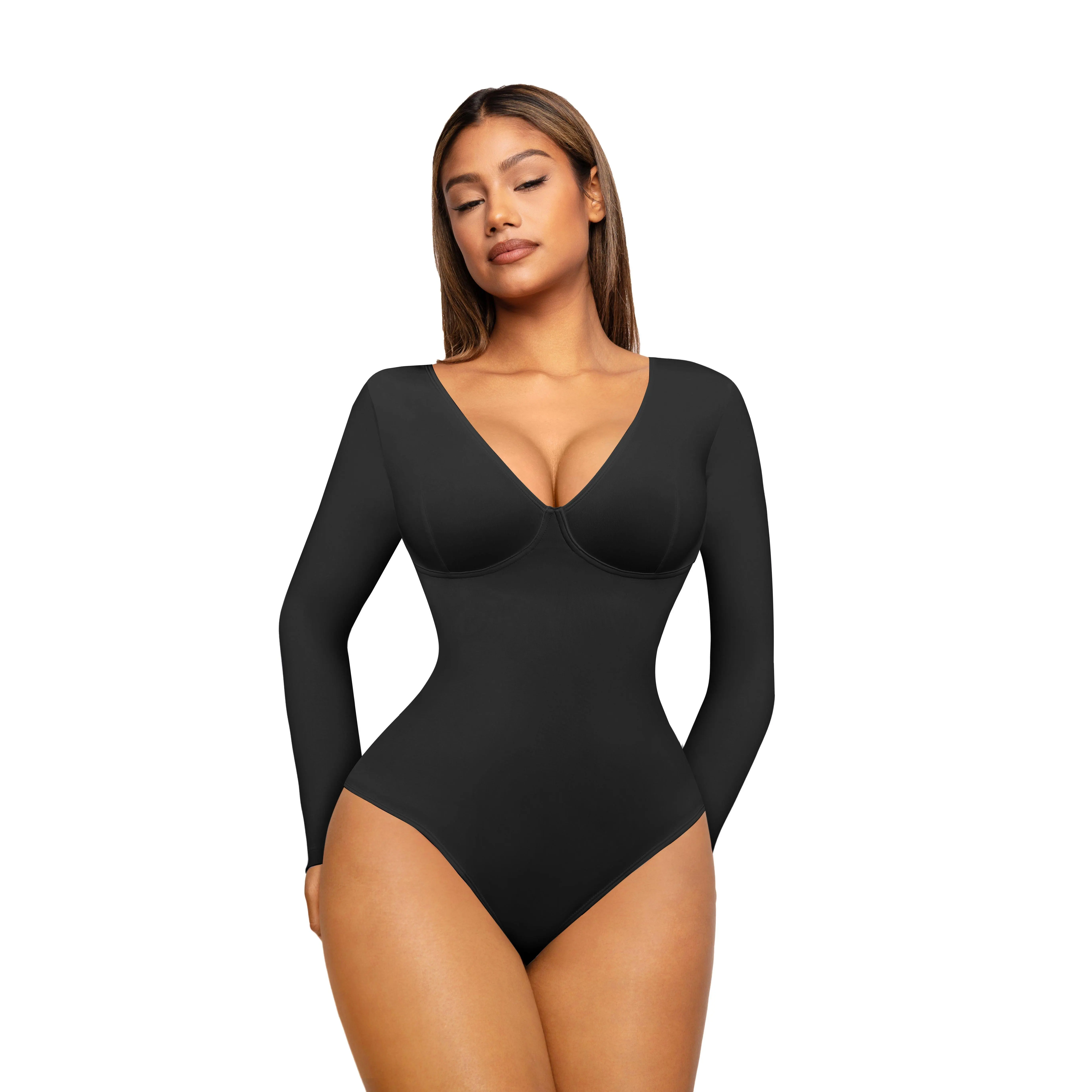 Long Sleeves Deep-V Neck Black