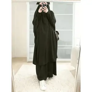 Elegant 2pcs Muslim women’s jilbab Abaya set soft, Breathable polyester, solid color long sleeve perfect for outings comfortable loose fit for all body type