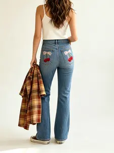 Women's High-Rise Stretch Denim Flare Jeans - Body-Shaping Fit, Charming Cherry Embroidery on Back Pocket, Trendy Retro Bootcut Vibe, Premium Denim Fabric
