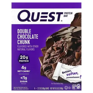 Quest Nutrition Protein Bar, Double Chocolate Chunk, 4 Bars, 2.12 oz (60 g) Each