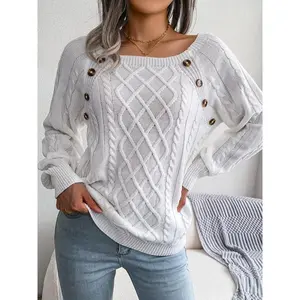Women's Solid Textured Fake Buttons Raglan Sleeve Sweater, Casual Round Neck Long Sleeve Knit Jumper For Fall & Winter, Fashion Ladies Knit Clothing
