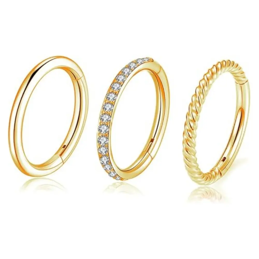 3 Pcs Gold Nose Rings, 16G 8mm Surgical Steel Seamless Hinged Clicker Hoops, Hypoallergenic Septum Jewelry for Women & Men, Perfect Fit for Nose Piercing & Cartilage, Nose Piercings, Conch Piercing Jewelry