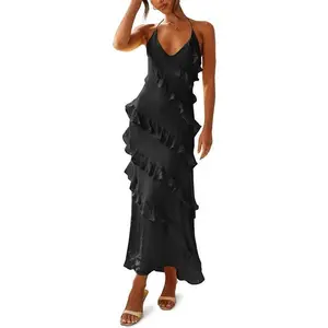 Womens Sexy Chiffon Halter Maxi Dress Sleeveless Backless Ruffle Tassel Party Club Dresses Elegant Formal Clothes Lightweight