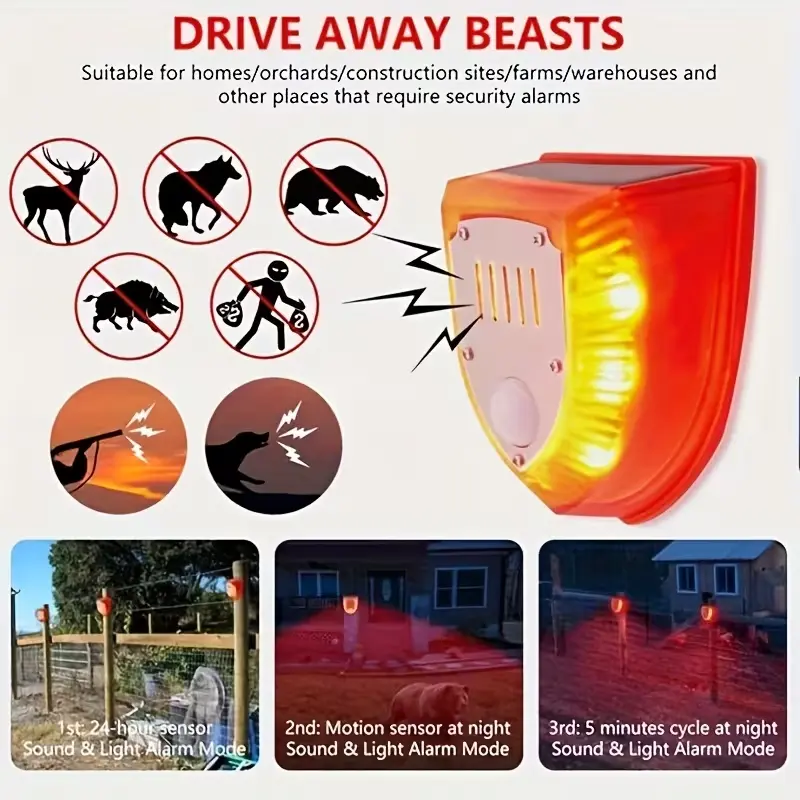 Solar-Powered Security Alarm Light with 129dB Sound, Flashing Light & Motion Detection - Indoor/Outdoor Dog Bark Alarm, Wild Boar Warning Device for Farm, Villa Yd Security sohochic