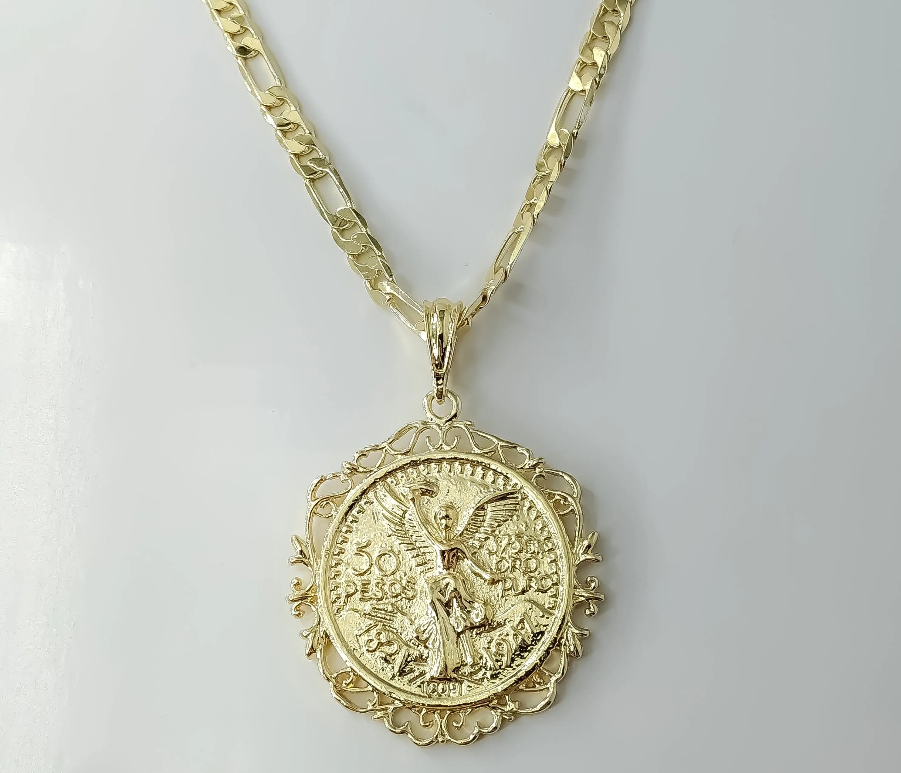 Plated Large Mexican Centenario Double Sided 6mm 18K Figaro Chain Necklace