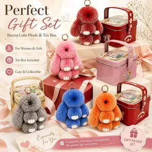 BunnyLulu Cute Plush Bunny Keychain with Tin Box, Fluffy Rabbit Bag Charm for Backpack Purse Keys, Gift for Women & Girls