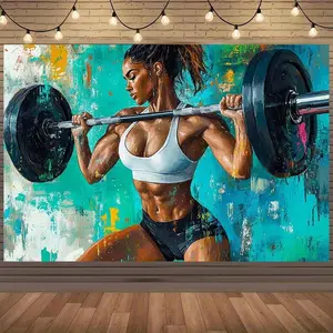 1pc 2D Flat Motivational Weightlifting Woman Art Print - Abstract Colorful Background Gym Wall Decor, Durable Polyester Fitness Event Backdrop, Multiple Sizes for Home & Party Banner, Bold Brushstr
