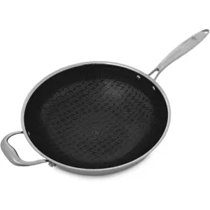 Hybrid 12" Wok Pan, Tri-Clad Stainless Steel and Nonstick Ceramic,  Free, no PFOA, no PTFE, no Teflon, Non  Cookware, Metal Utensil Safe,  Cooktops and Oven Safe