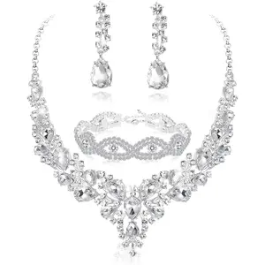 FIASASO Bridal Jewelry Set for Women Rhinestone Wedding Necklace Bracelet Dangle Earrings for Bride Bridesmaid Prom Jewelry Accessories Chain