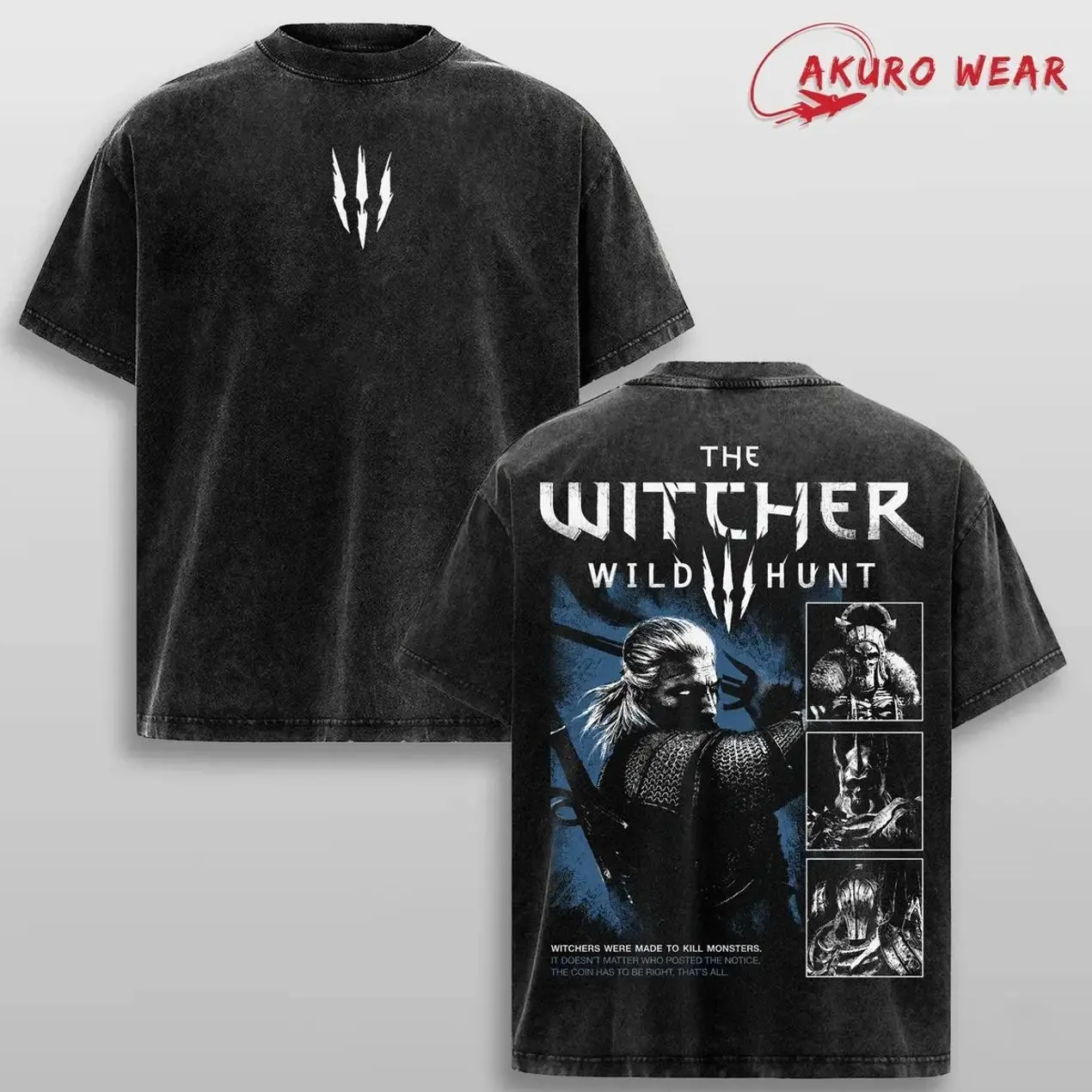 The Witcher 3 Wild Hunt Geralt of Rivia Vintage Washed Graphic Tee Double Sided Heavyweight Cotton Shirt